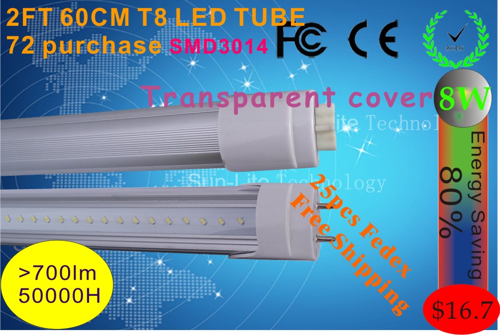 Hot produce LED TUBE 0.6M T8 led lamp Transparent cover 8W 72leds SMD3014 700LM LED lighting