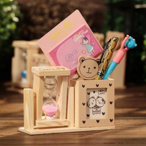 China Multifunction cartoon wooden photo frame&pen holder with sand clock desk decorative gift on sale