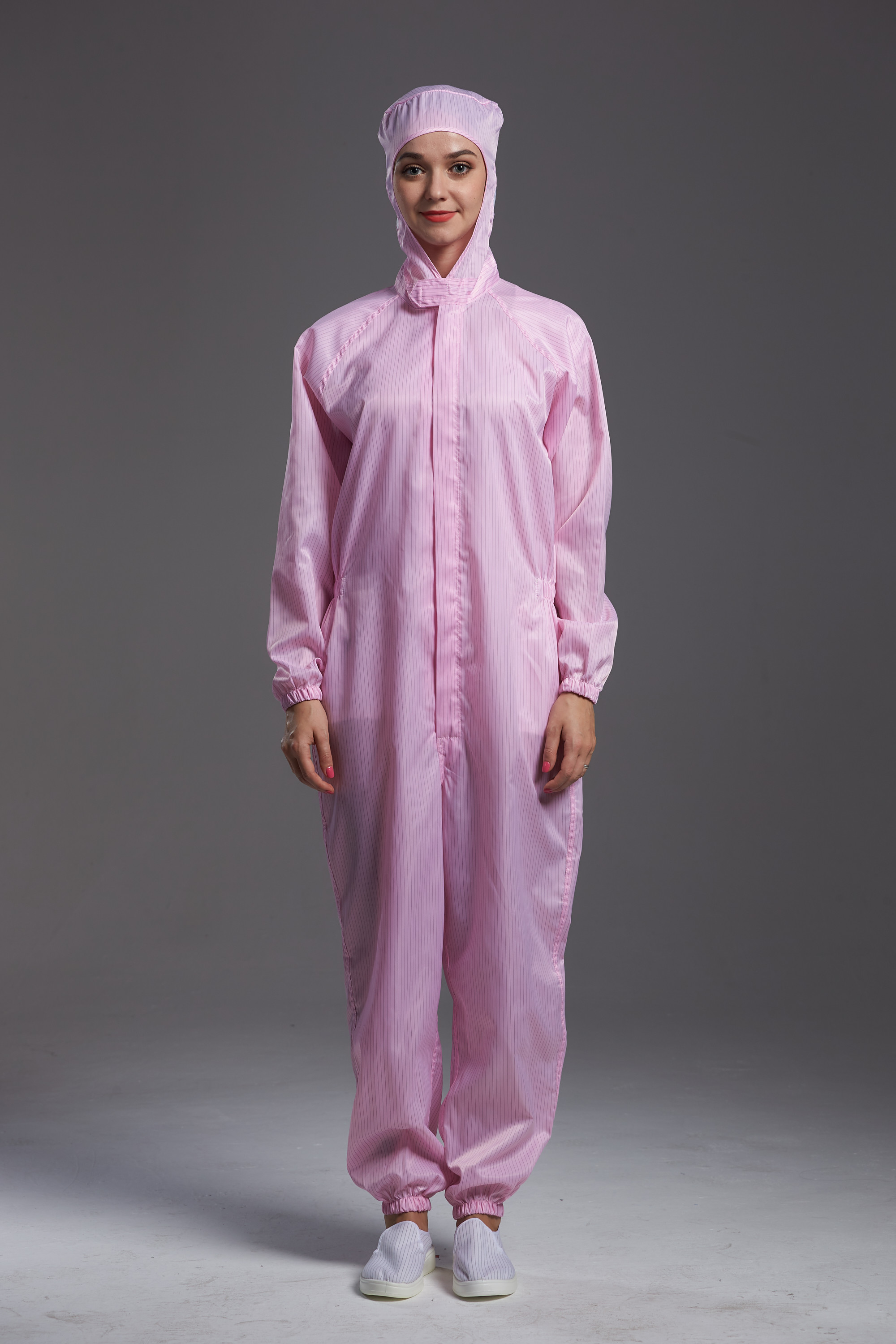 Best Anti Static ESD coverall connect with hood pink color coductive fiber sterilization for workshop wholesale