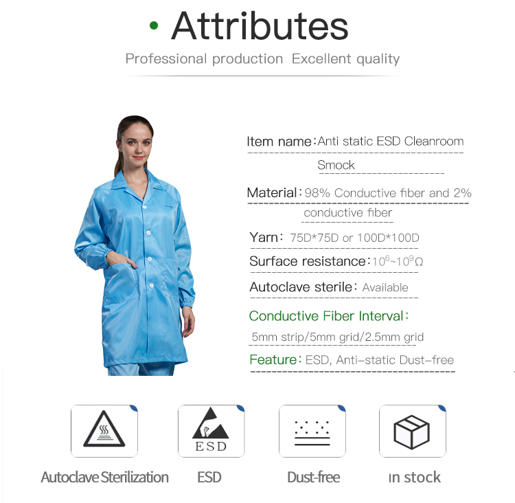 ESD antistatic lint-free and dust-proof polyester lab coat and smock for the electronic workshop