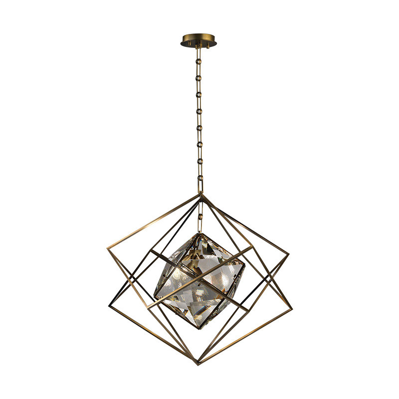 China Modern American Style Vintage Design Chandelier Hand Made Solid Brass Cube Big Size Cage Frame Crystal Led Pendant Light on sale