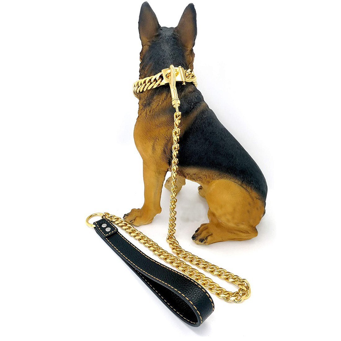 China 15mm Gold Stainless Steel Heavy Duty Dog Chain Leads Walking Dog Training Traction Black Leather Handle on sale