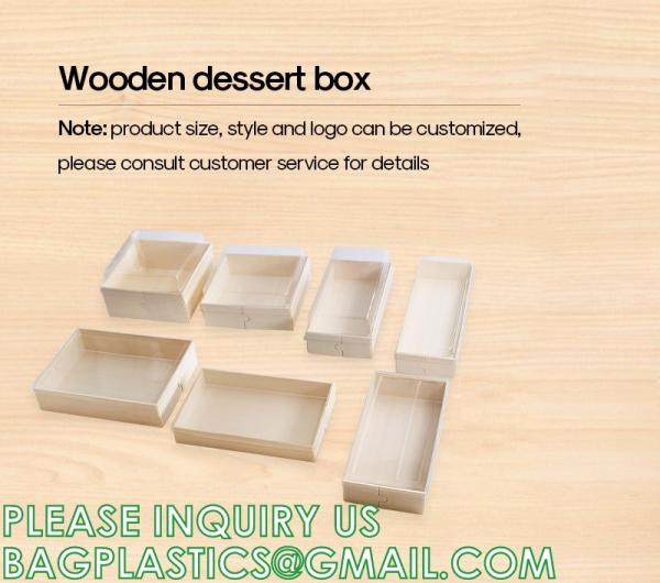 Cheap Wooden Food Packaging Box Cake Dessert Container With Plastic Cover, Take Out Pastry Cake Lunch Sushi Tray for sale