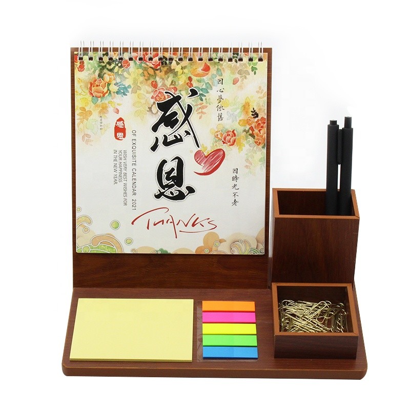 China Custom Logo Wooden Printable Desk Calendar With Pencil Holder on sale