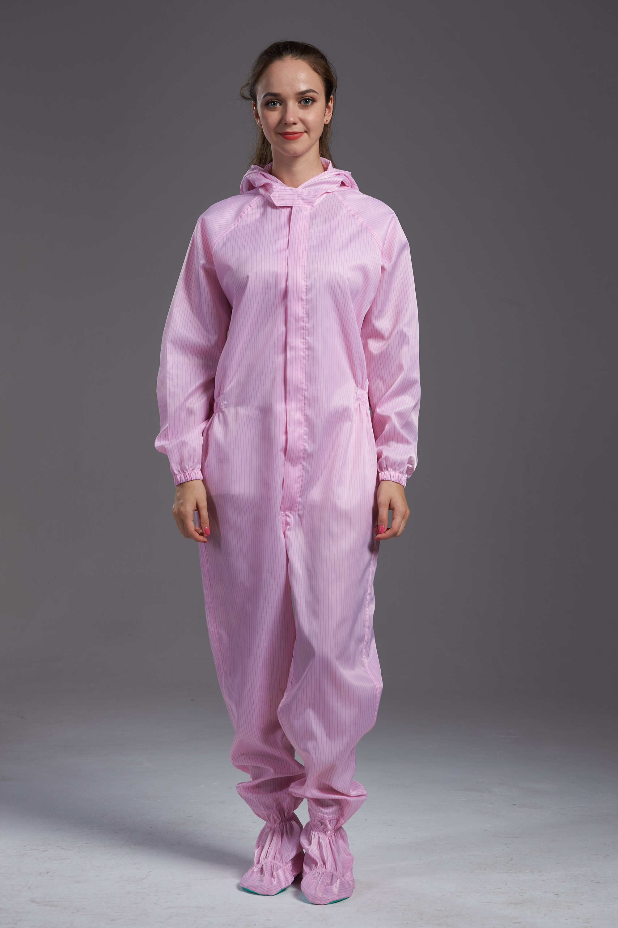 Best Anti static ESD sterilized dust-proof pink hooded coverall with conductive fiber for class 100 cleanroom wholesale
