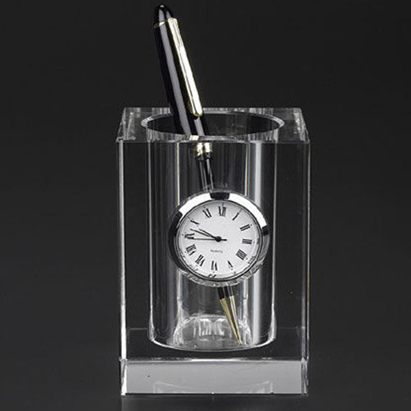 Cheap decorative cheap glass pen holder with clock for sale