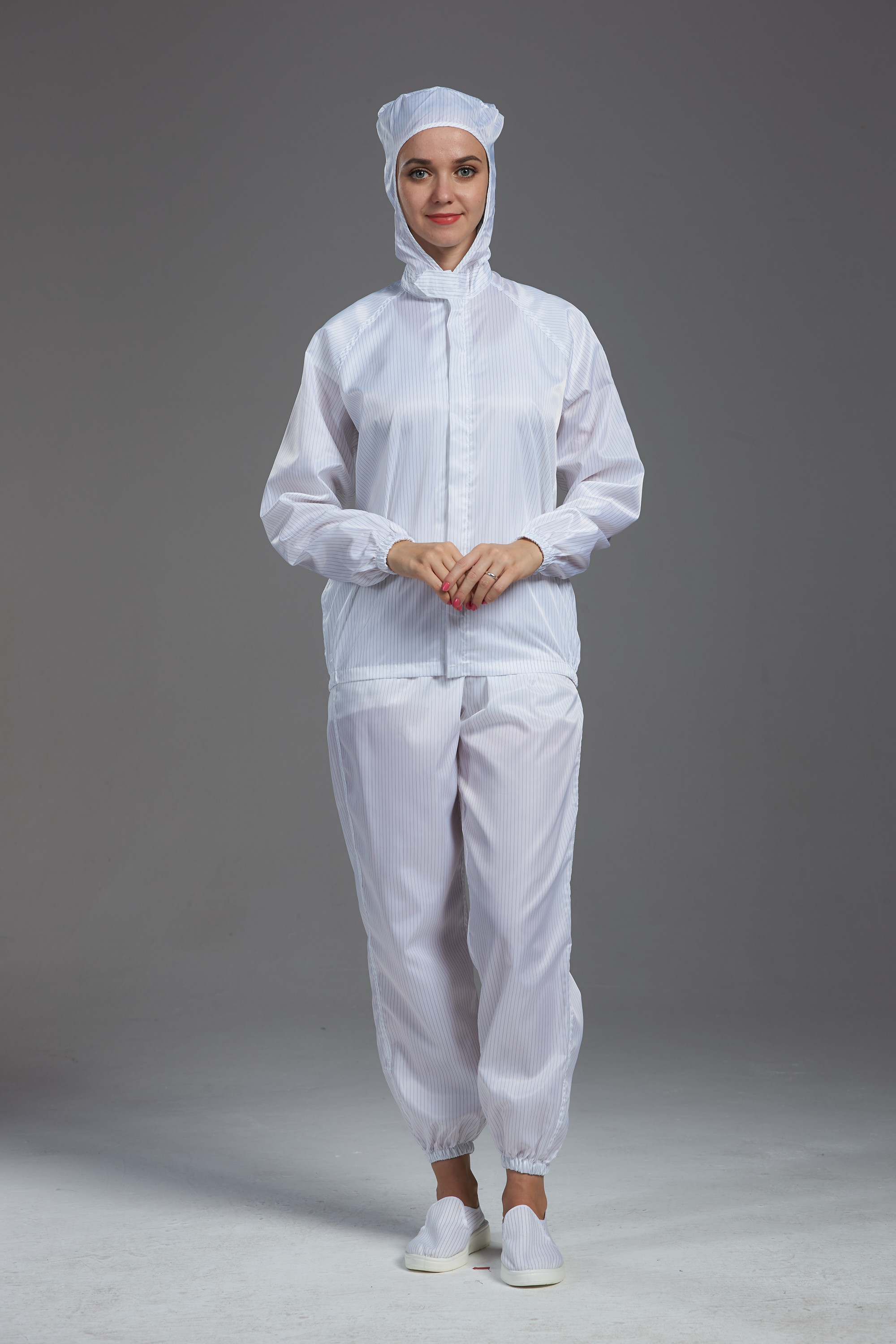 Best Anti static ESD cleanroom garment hooded jacket and pants white color autoclaved sterilization wholesale