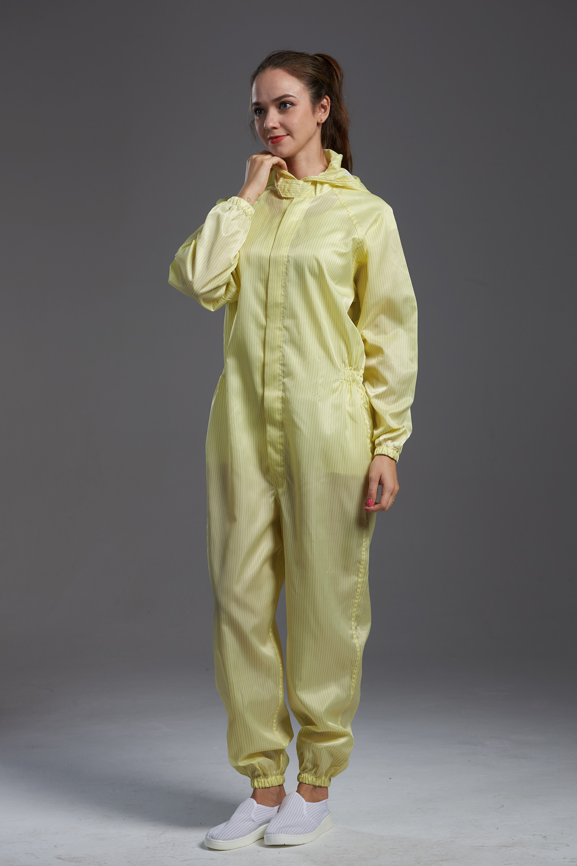 Best Anti static ESD sterilized dust-proof yellow coverall with hood and conductive fiber for calss 100 cleanroom wholesale