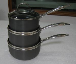 China 20cm Stamped Hard Anodized Non Stick Milk Pan With Glass Lid on sale