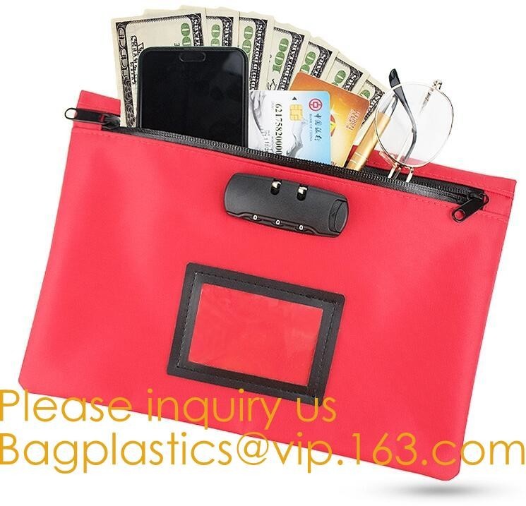 China Leatherette Money Security Deposit Bag With Framed ID Window,Custom zipper file folder bag PU leather pouches deposit ba on sale