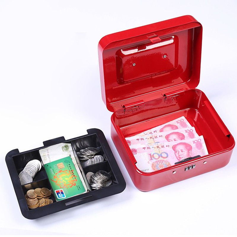 China Large Metal Money Security Safe Box Red Cash Box With Lock Key And Money Tray on sale