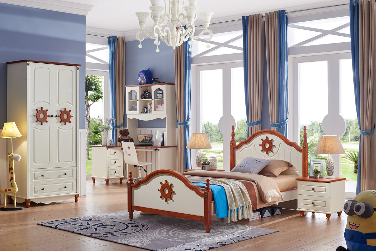China Elegant MDF modern white mediterranean style wooden kids bedroom furniture set on sale