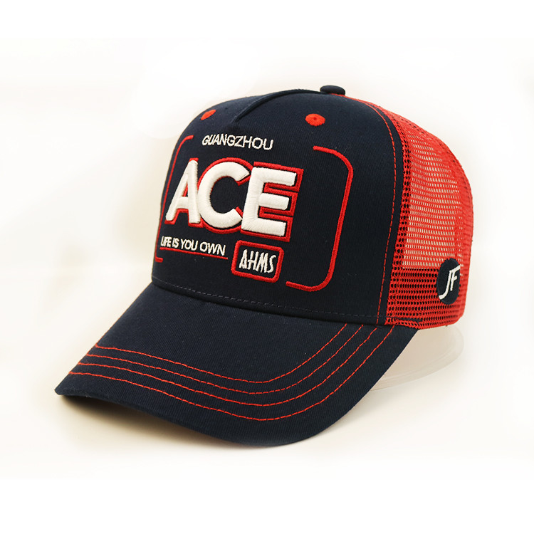 Best Personalized 5 Panel Trucker Cap Navy Blue Cotton + Red Polyester Mesh wholesale