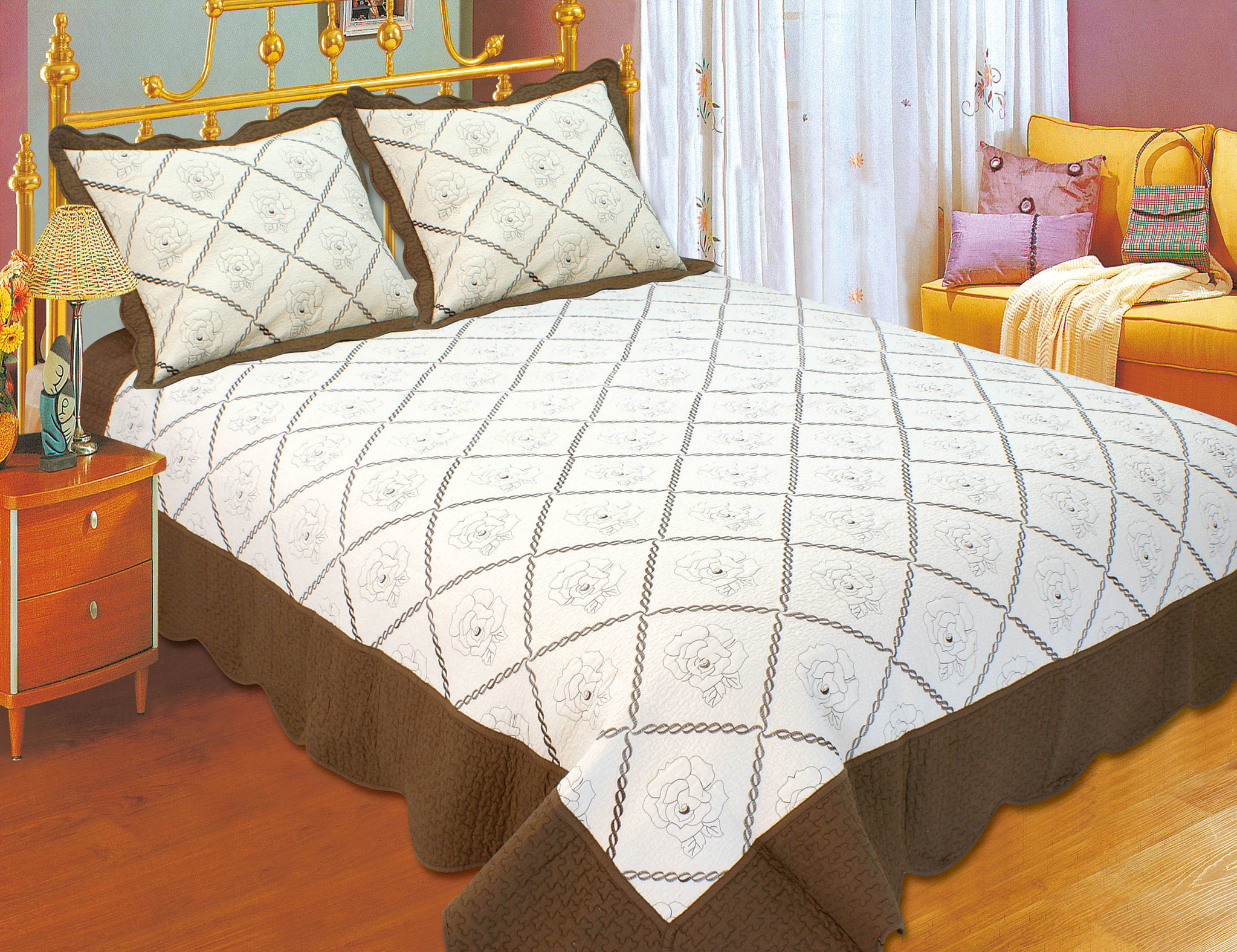 Best Embroidered Quilts Solid With Brown Border , Quick Drying Double Quilt Cover Set wholesale