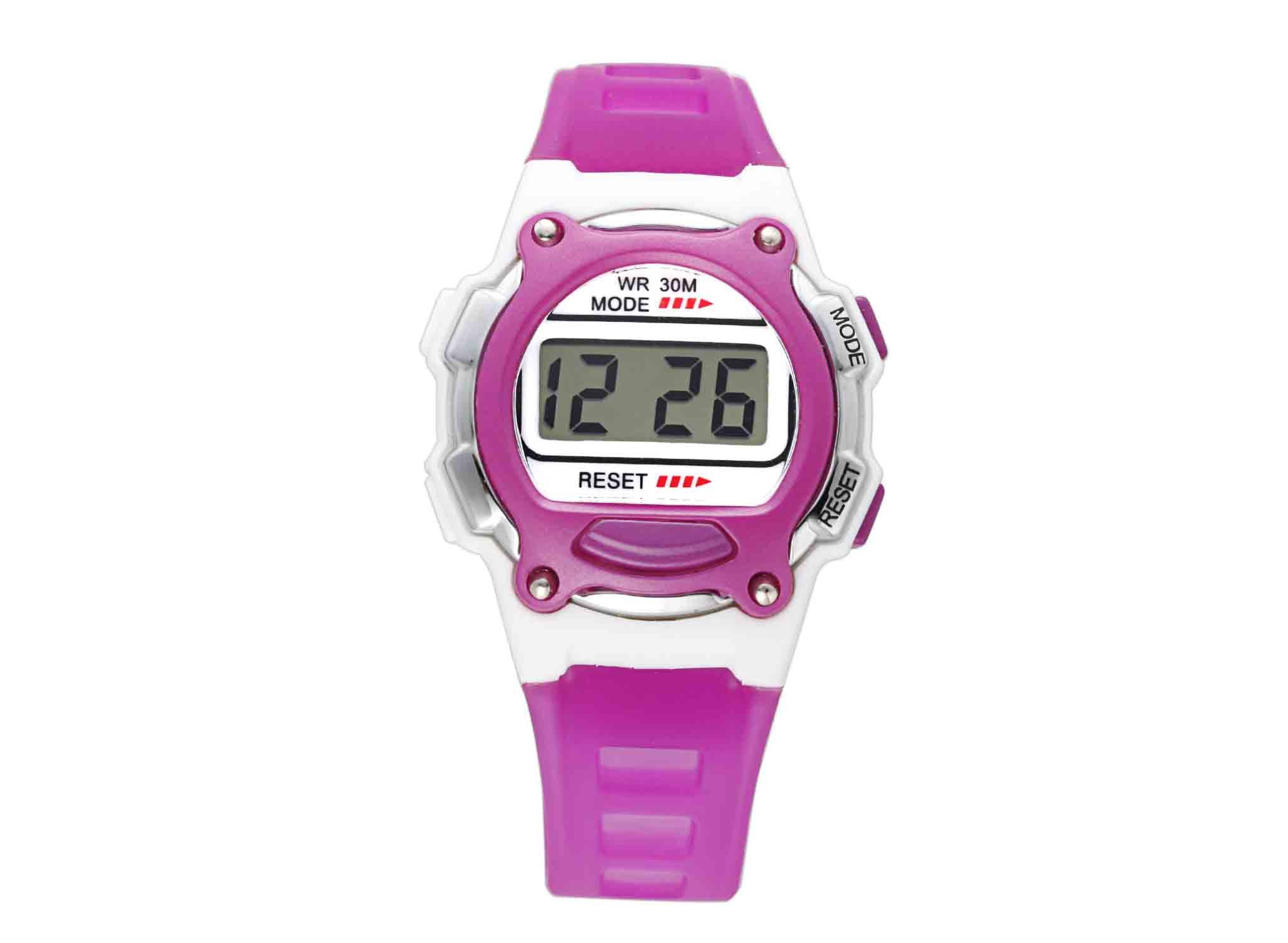 China Pink Plastic Alarm Multifunction Ladies Wrist Watch With Stainless Steel Back on sale