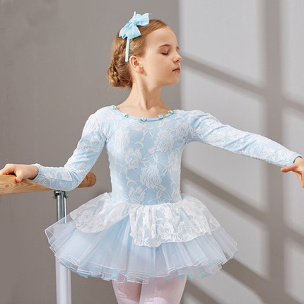 Best Children's lace ballet dance leotard dress with little flowers around the collar and butterfly knot on the back wholesale
