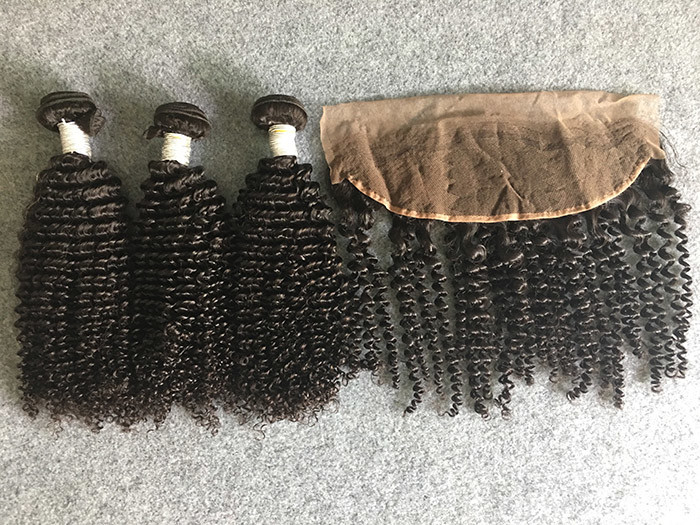 Cheap Peruvian Kinky Curly Human Hair Weave Unprocessed With 13x4 Lace Frontal for sale