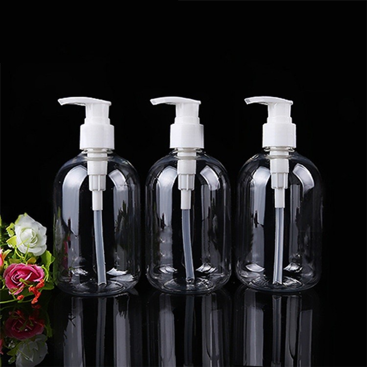 China cosmetic 300ml screen print transparent plastic PET bottle with pump on sale