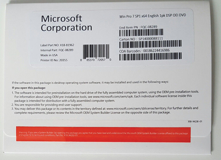 Original Windows 7 Professional License Key 32/64 BIT English Language