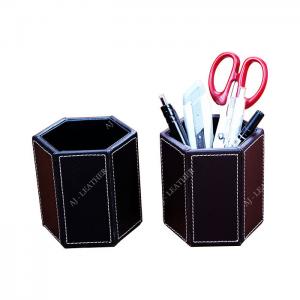 China Pen Stand PU Leather 9cm Office Stationery Holder on sale