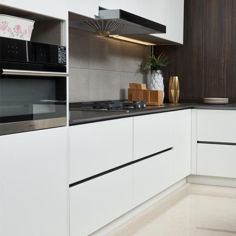 White And Wood Grain Space Saving Small Apartment Modular Kitchen Cabinets