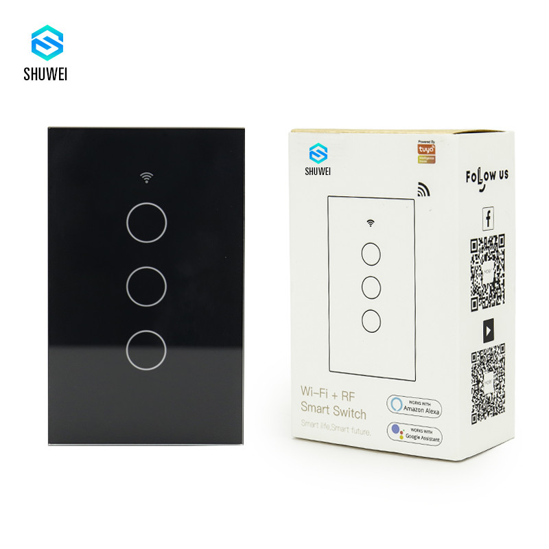 China OEM 110V American Black Touch 3 Gang 3 Way Smart Switch Voice Control TuyaAPP Alexa Google Home on sale