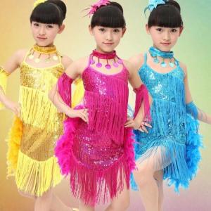Best children's feather sequins Latin dance dress Tassel Latin dance costumes of the girls wholesale