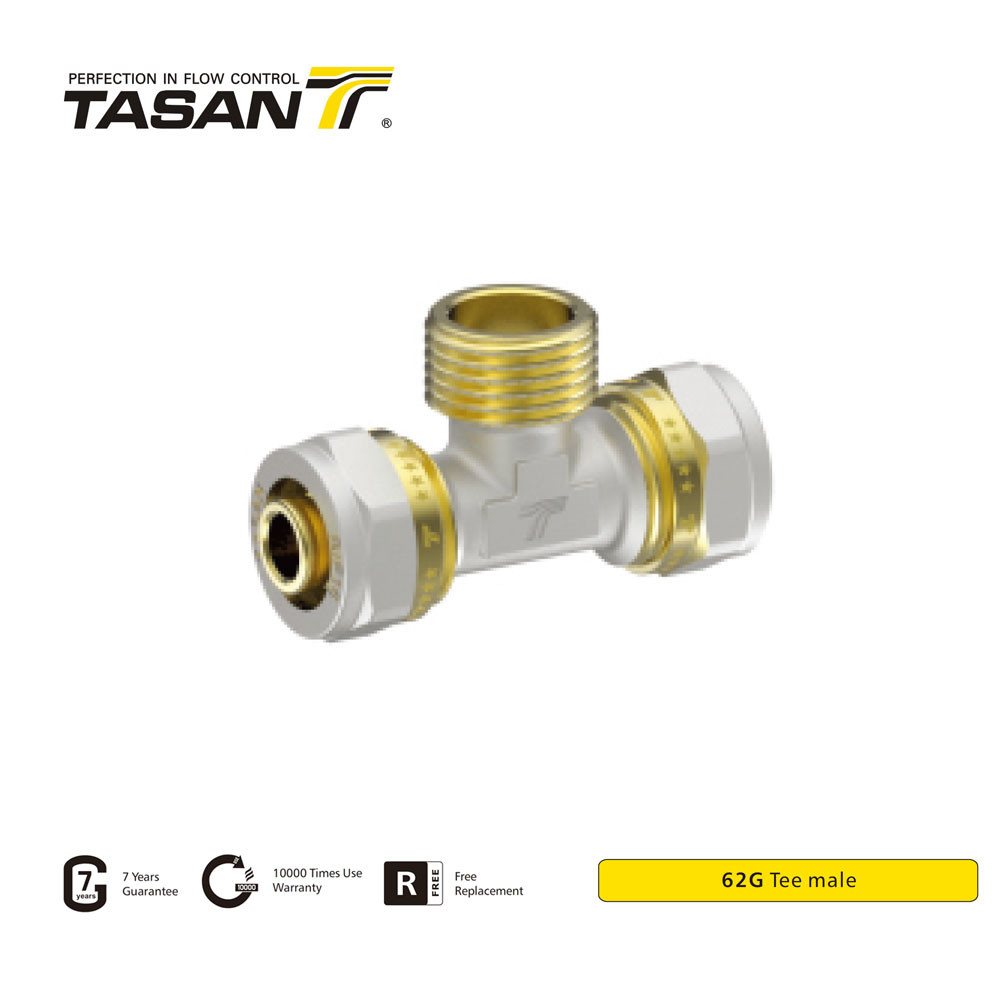 China 16mm Brass Compression Fittings  For Copper Pipe Brass Male Tee Anticorrosive 62G on sale