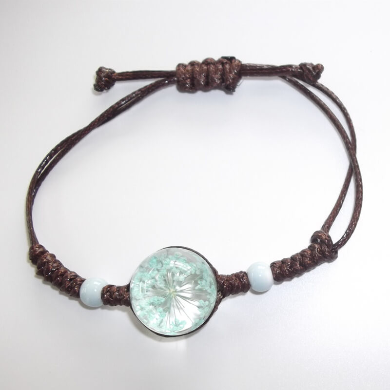China Dried Gypsophila Glass Dome Bead Bracelet with Hand Woven adjustable waxed cotton cord 8” on sale