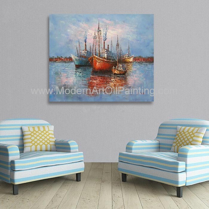 Best Sun Rise Fishing Boats Oil Painting Single Panel Abstract Wall Art wholesale