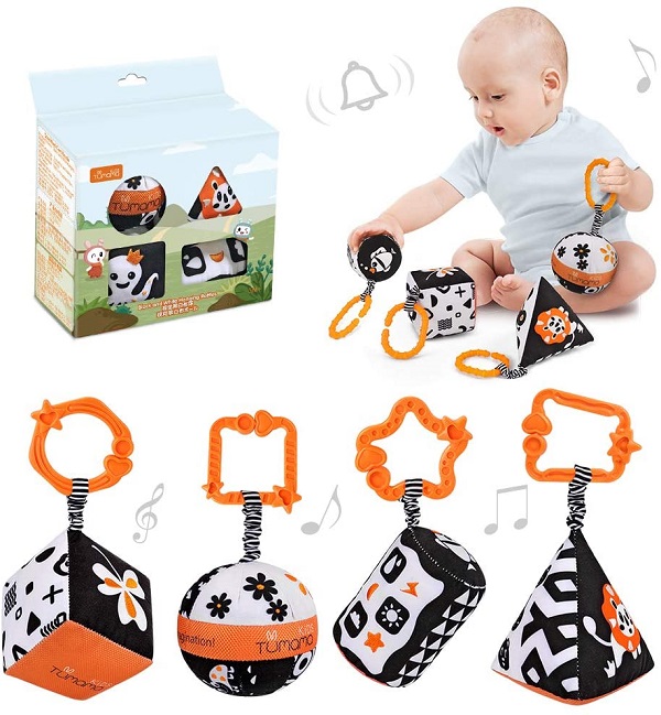 High Contrast Shape Sets Baby Toy, Car Seat Baby Stroller Plush Rattle Rings Hanging Toy