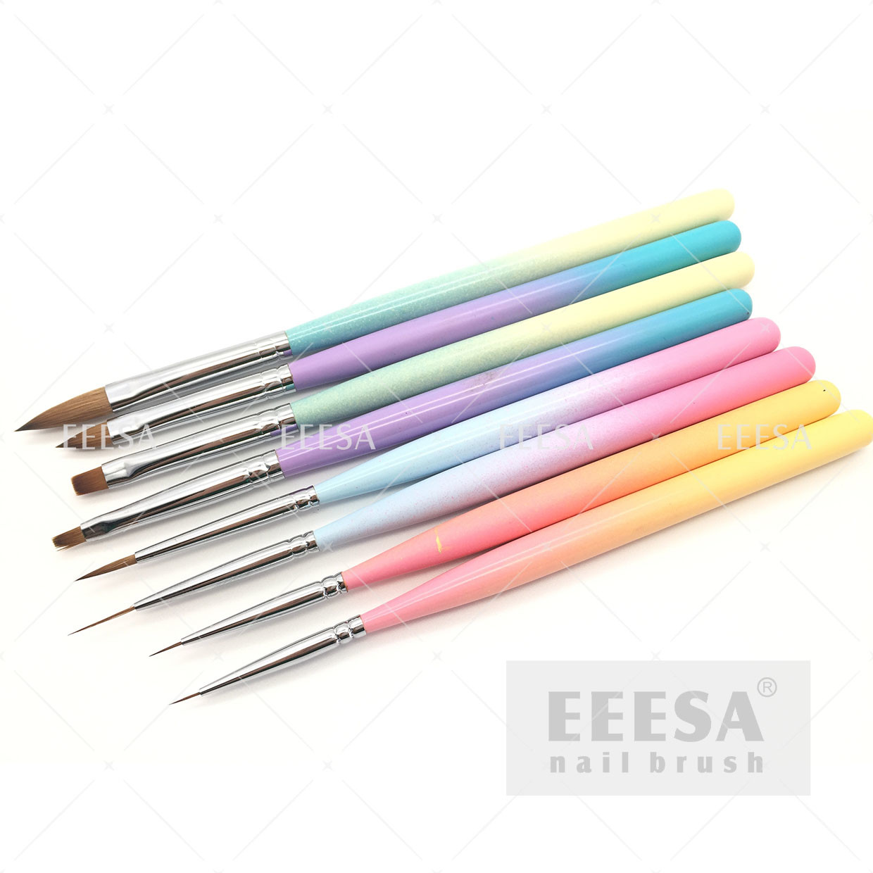 China Rainbow Color Nail Brush Set Wooden Handle Nail Art Painting Brush Set on sale