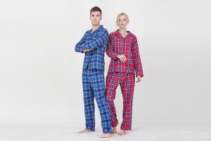 Best Lovers Pyjamas Cotton Yarn Dyed Check Flannel Long Sleeve Long Pants Satin Piping Pocket Satin Fabric Covered Buttons wholesale