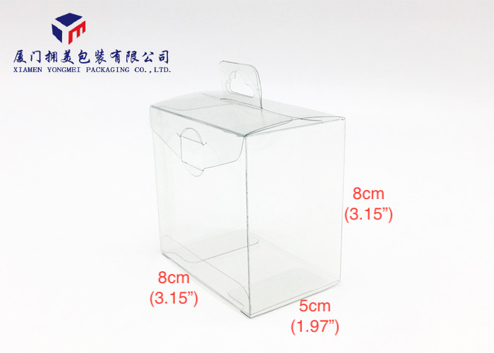 Best 8*8*5cm Clear Plastic Box Packaging , Clear PET Box With Hang Strip On Top wholesale