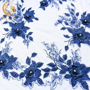 China Dark Blue Wedding Dress Lace Fabric 55 inch Width Rhinestones Decoration on sale