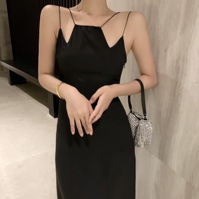China Retro Irregular Hem Suspender Sexy Elegant Black Dress on sale