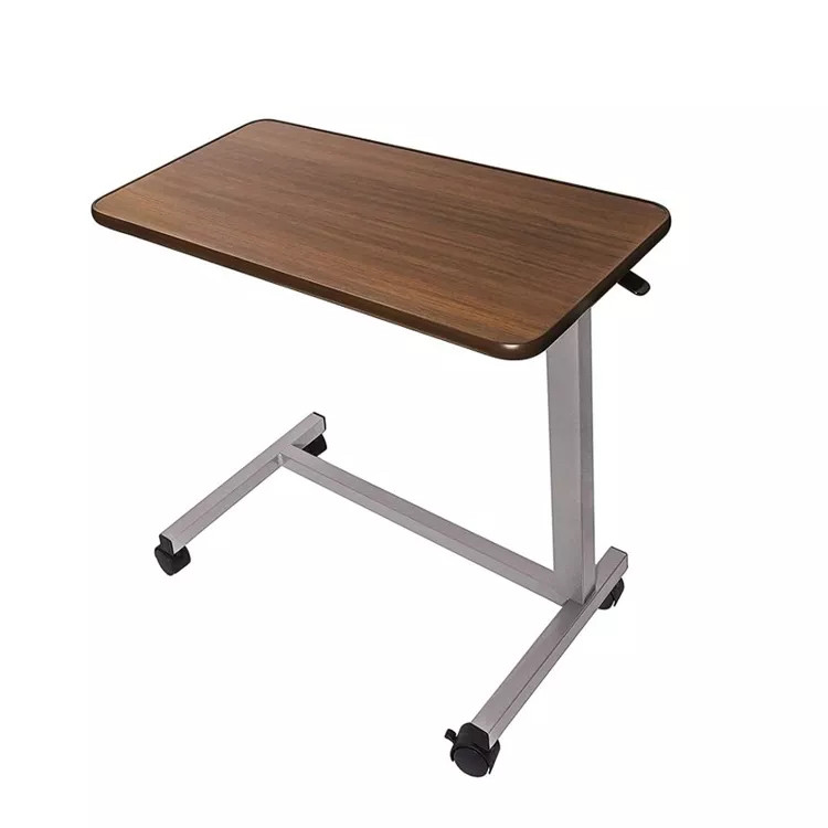 China 19 Speed Walnut Adjustable Over Bed Laptop Table Wood Grain Medical Bedside With Wheels on sale