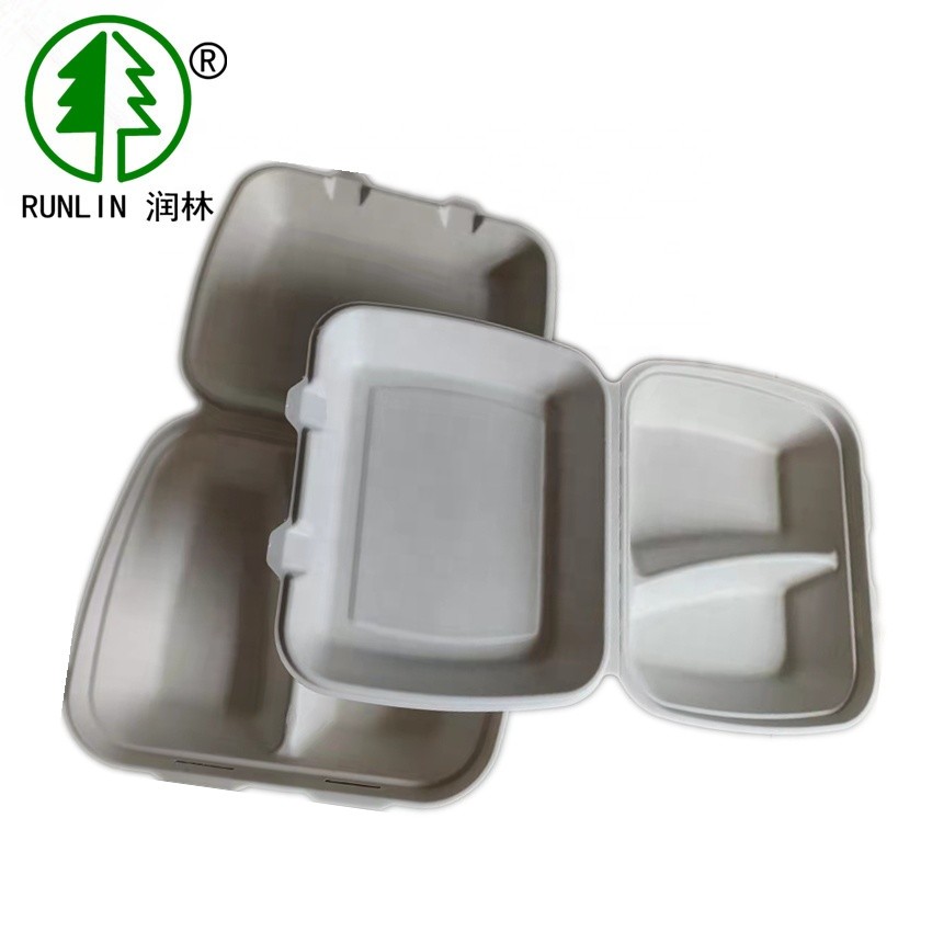 China 9in X 7in Biodegradable Takeaway Boxes Bagasse Pulp 2 Split Clamshell Box on sale