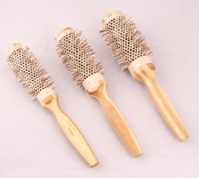 Best Colorful 32mm Ceramic Bamboo Round Hair Brush Lonic Nylon Bristle wholesale