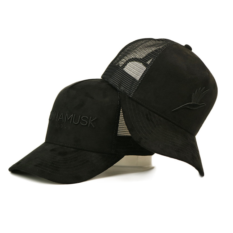 Best Black 5 Panel Suede Trucker Hats With Curved Brim Embroidery Logo wholesale