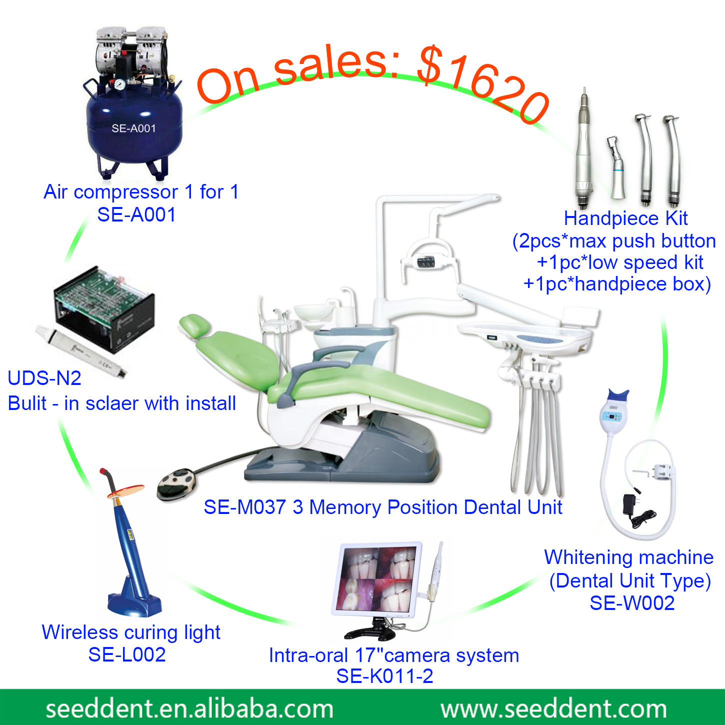 Best New 3 memory position and import water air tube Dental Unit with air compressor, scaler,curing light SE-M037 set wholesale