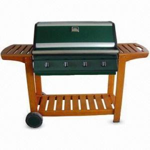 China Quality Wooden Trolley Four Burners Gas BBQ Grill with Flame Tamers on sale