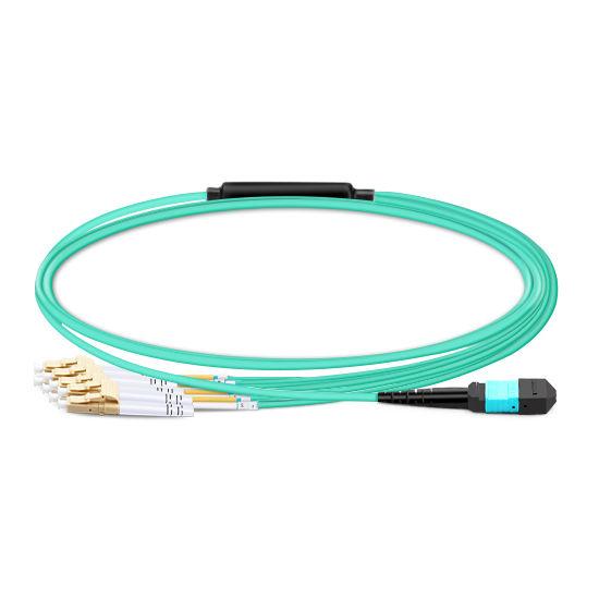 Cheap 1m (3ft) MTP Female to 4 LC UPC Duplex OM3 50/125 Multimode Fiber Breakout Cable, 8 Fibers, Type B, Elite, LSZH, Aqua for sale