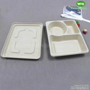 China 3-Compartments Unbleached Biodegradable  Sugarcane Pulp Tray With Lid,Eco-friendly Disposable  Take away container on sale