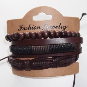 China Leather Bracelet Set of Wooden Beads Strand and Braided Leather Bangle Adjustable length 5.5 inch for men and women on sale