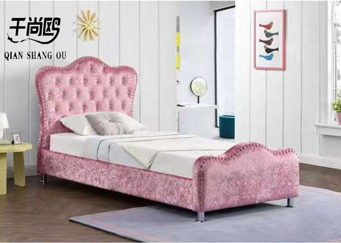 China Single Size Pink Crushed Velvet Fabric Upholstered Princess Bed With Diamond Buttons on sale