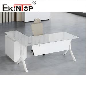 China Ekintop L Shaped Office Computer Desk Home Modern Executive Glass Desk on sale