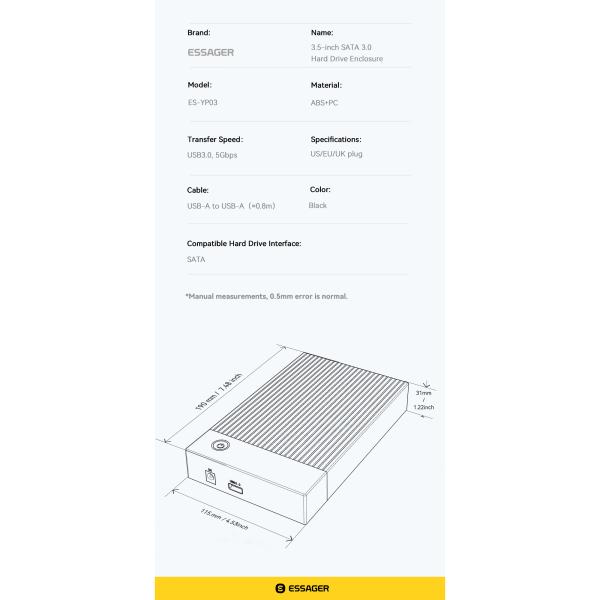 ESSAGER ES-YP03 USB 3.0 SATA Hard Drive Enclosure with 5Gbps Speed Dual-protocol Boost and Widely Compatible for 2.5 3.5 Inch HDD SSD