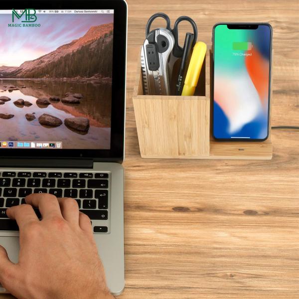 Bamboo Mobile Phone Wireless Charger With Pen Holder Simple