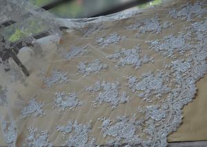Best Floral Beaded Corded Lace Fabric , Ivory Embroidered Lace Fabric With Wavy Edging wholesale